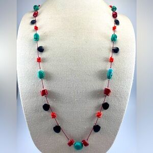 Beautiful Unsigned Turquoise Coral Dyed Howlite Beaded Red Corded Necklace